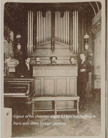 Gigout at his chamber organ 63 bus rue Jouffroy in Paris with some foreign students